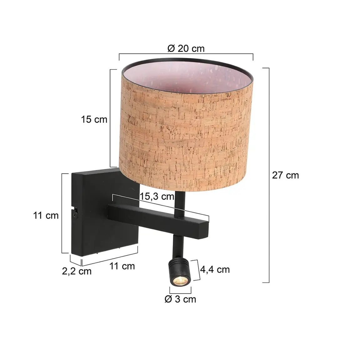 Steinhauer Wandlampe Stang, schwarz/braun LED-Leselicht Höhe 27 cm Kork