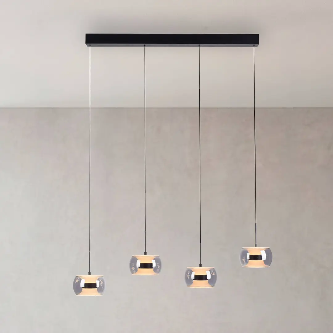 PAUL NEUHAUS LED-Hängelampe Fumea Länge 110cm schwarz/rauch Glas CCT 4-fl