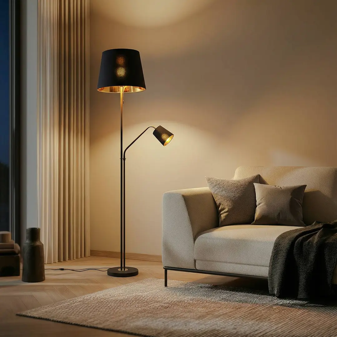 Lindby Stehlampe Efalia, schwarz/gold, Textil, Leselicht
