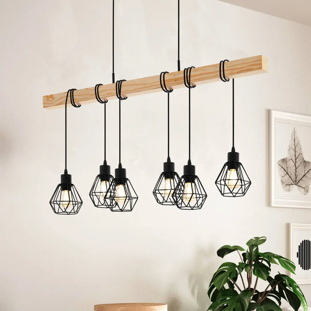 EGLO Hängeleuchte Townshend, Länge 100 cm, schwarz/eiche, 6-flg.