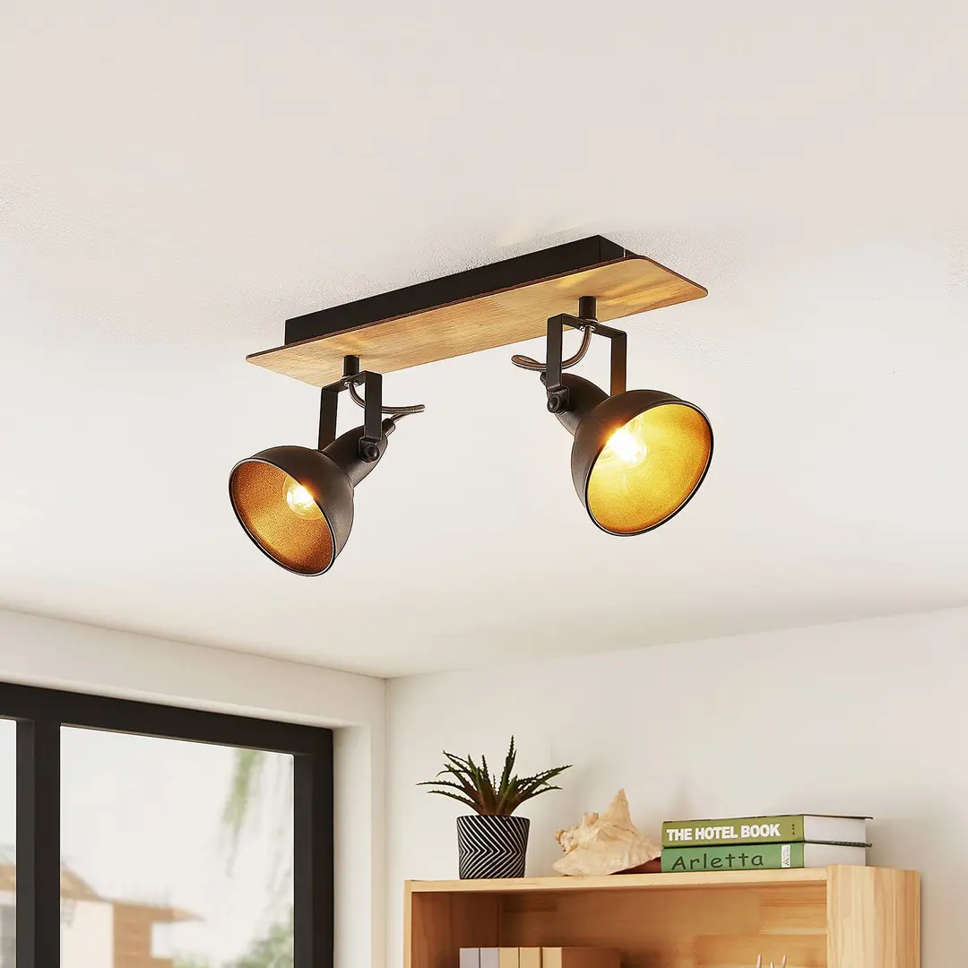 Lindby Deckenlampe Aylis, 2-flg., 40 cm, schwarz, Holz, E14