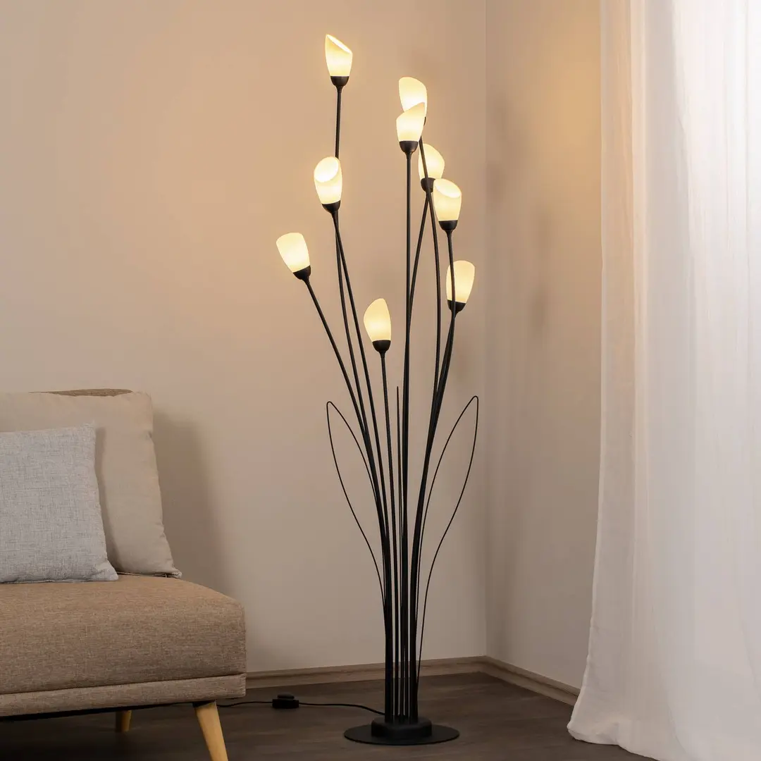 Jupiter Stehleuchte Gloriosa, schwarz, Glas, 9-flammig