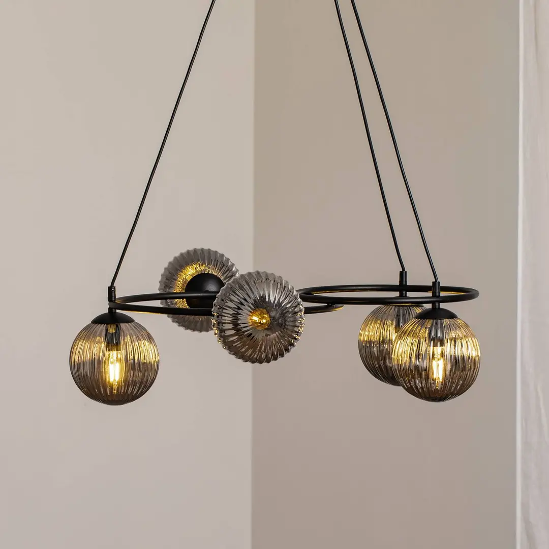EMIBIG LIGHTING Wohnzimmerlampe Libra, rauchgrau/schwarz, Ø 70 cm, 5-flg.
