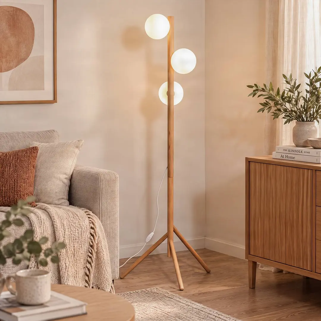 TK Lighting Stehleuchte Estera, Opalglas, Holzgestell, 132 cm, 3-flammig
