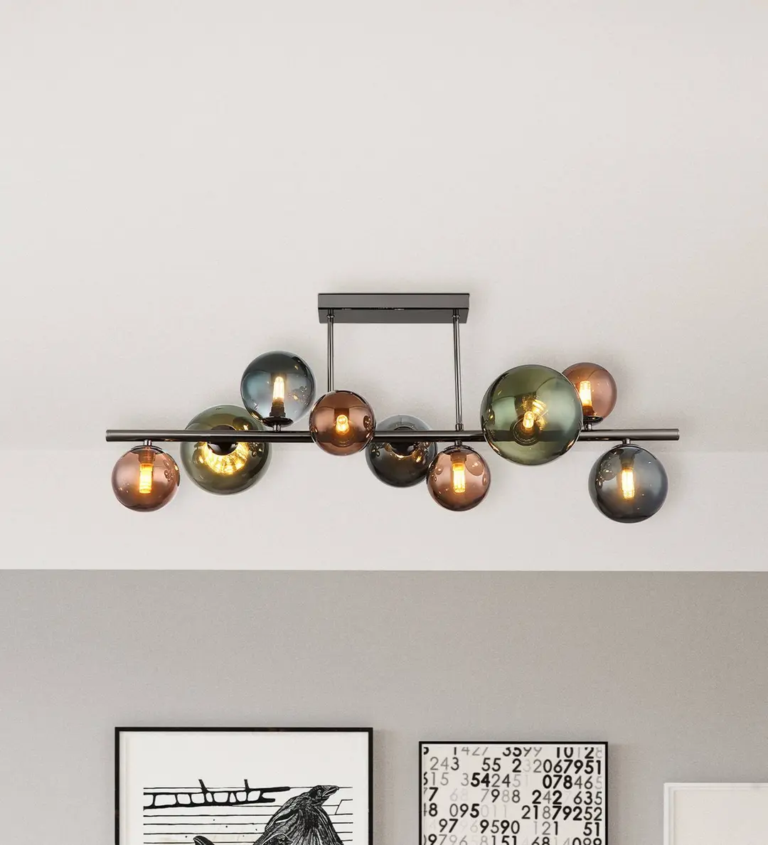 Globo Deckenlampe Riha, Länge 87 cm, rauchgrau/schwarz, 9-flg.