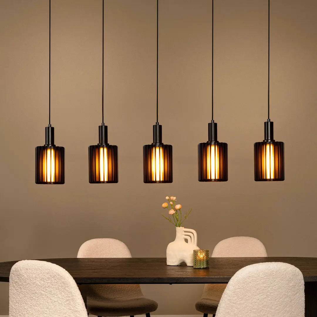 Lucide Pendellampe Lambres, schwarz Länge 164 cm Glas/Metall 5-flg.