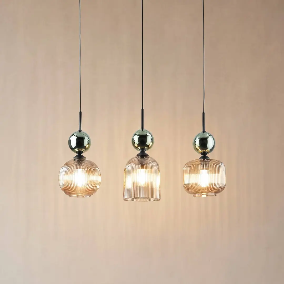TK Lighting Hängelampe Sophia, 3-flammig, cognac/grün, 65 cm lang, E14