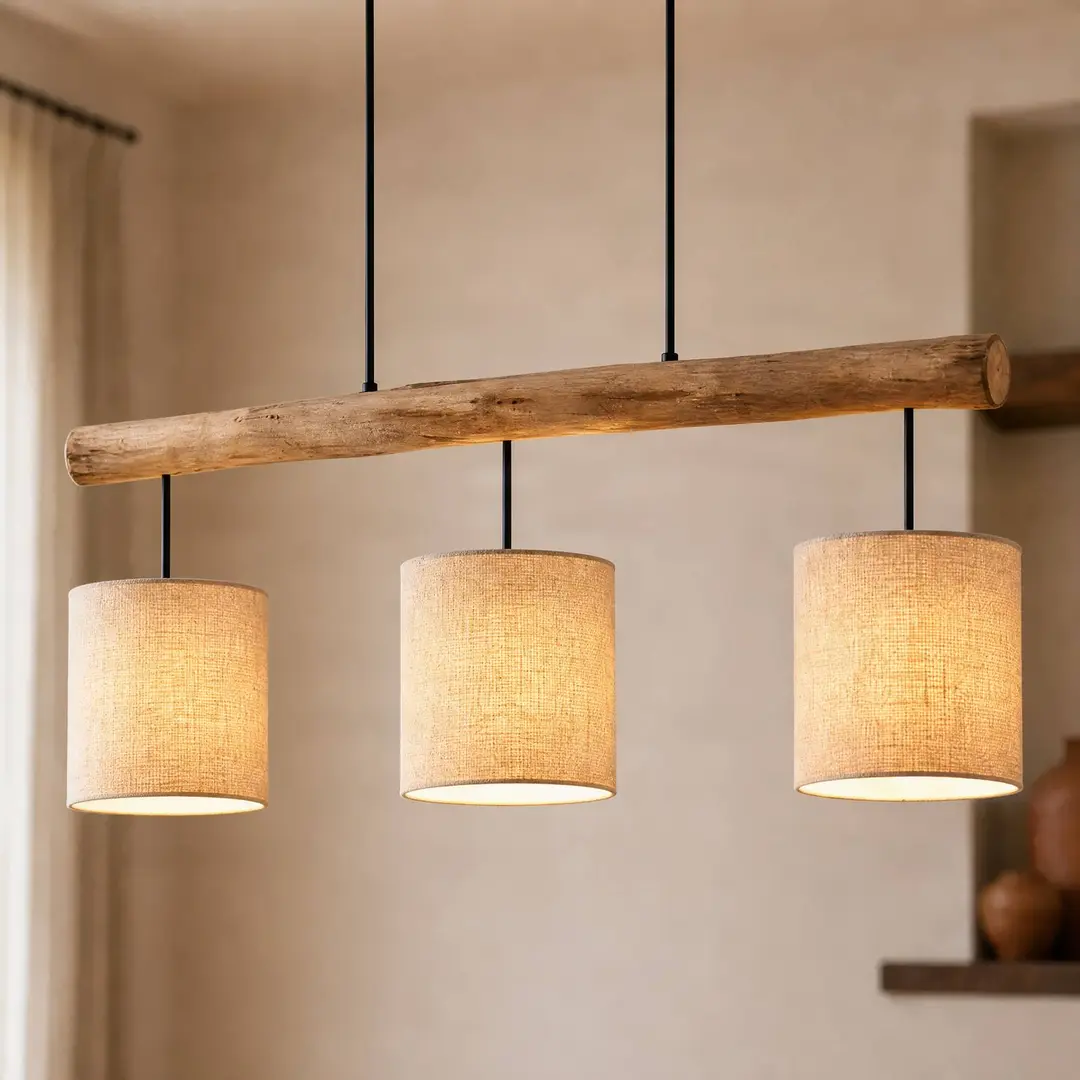 Lucande Hängeleuchte Jorvan, 3-flg., 100 cm, Holz/Textil