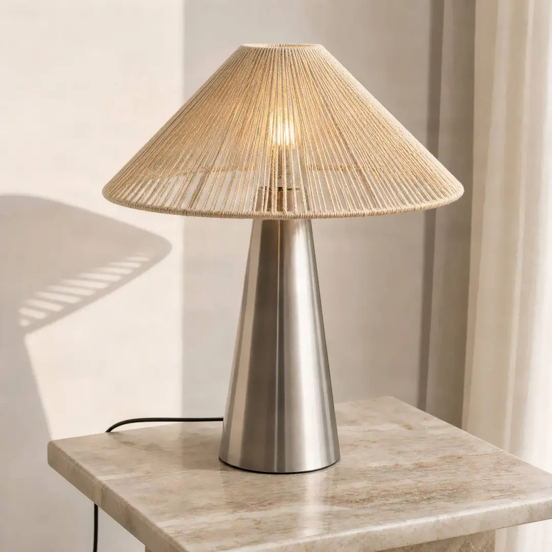 Lucande Tischleuchte Stephane, nickel, Höhe 50 cm, Hanfseil