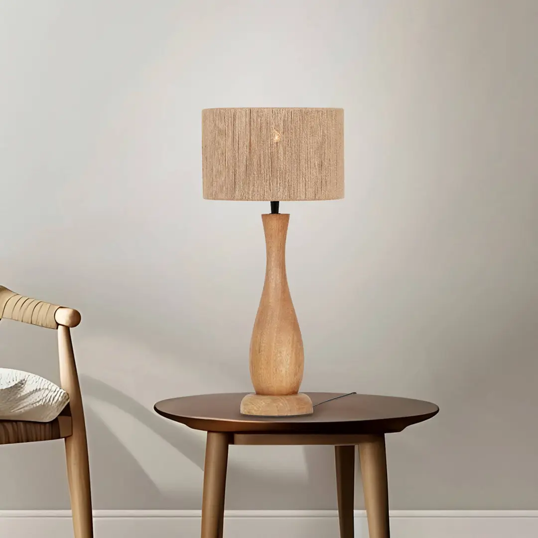 Trio Lighting Tischleuchte Toba, Jute, Holz, naturbelassen