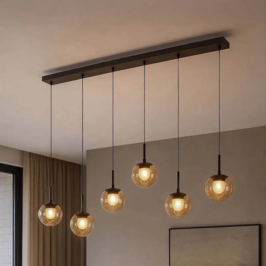 Searchlight LED-Hängeleuchte Solis, 7-fl. lang, bronze, Glas, 2.700 K