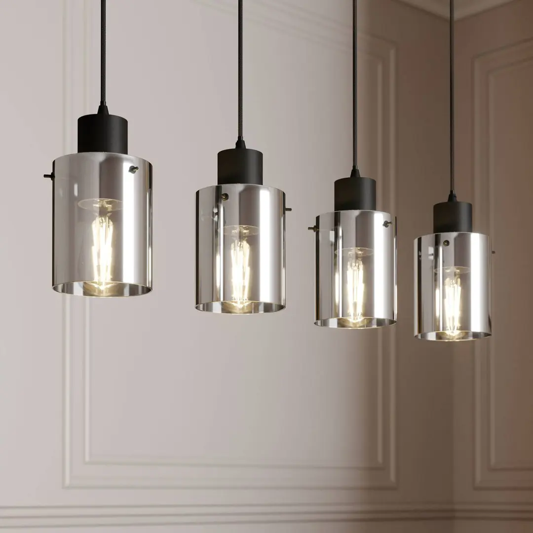 Lindby Hängelampe Kourtney, 4-flg., schwarz/grau, Glas, E27