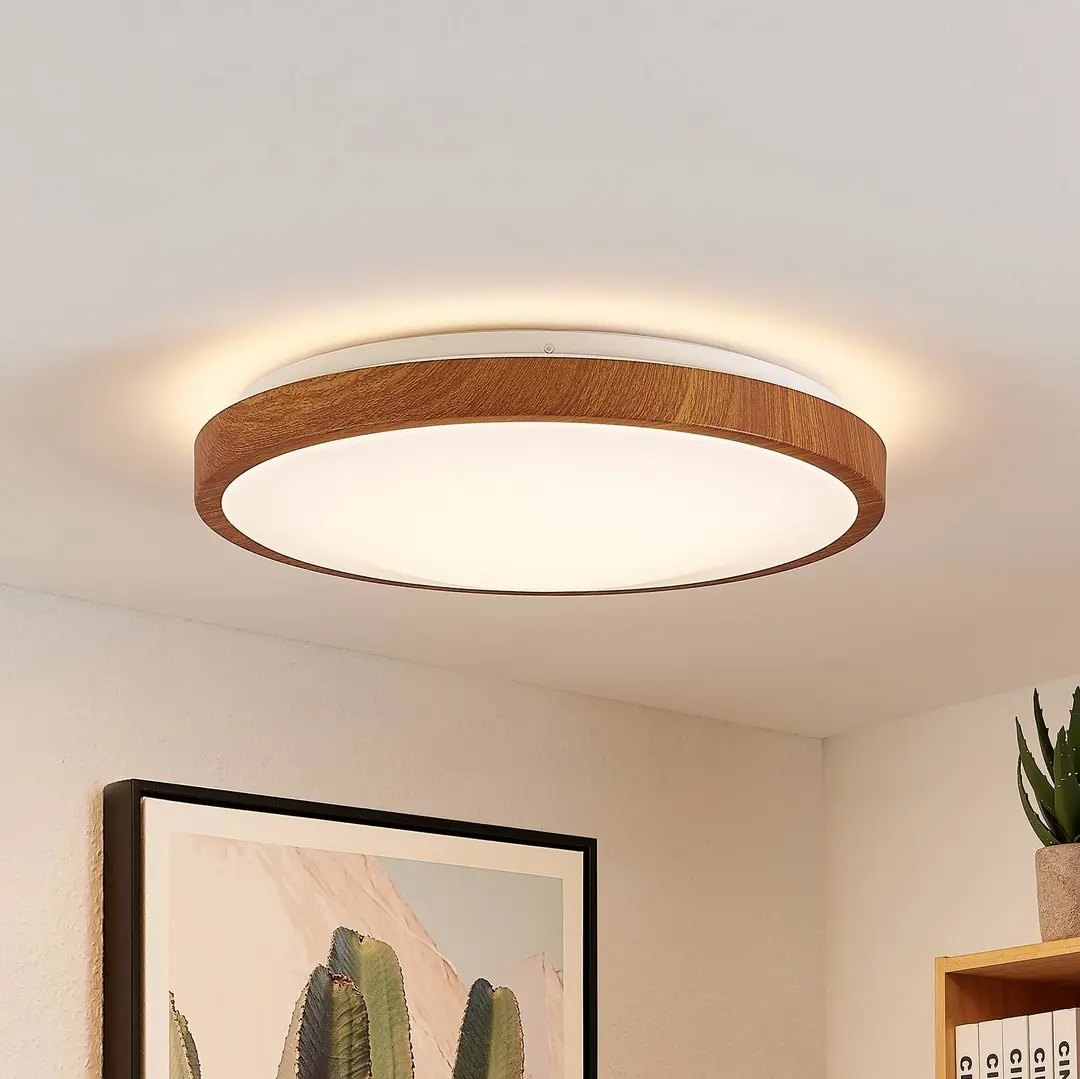 Lindby LED-Deckenleuchte Mynte, Ø42cm, Holzoptik, Kunststoff