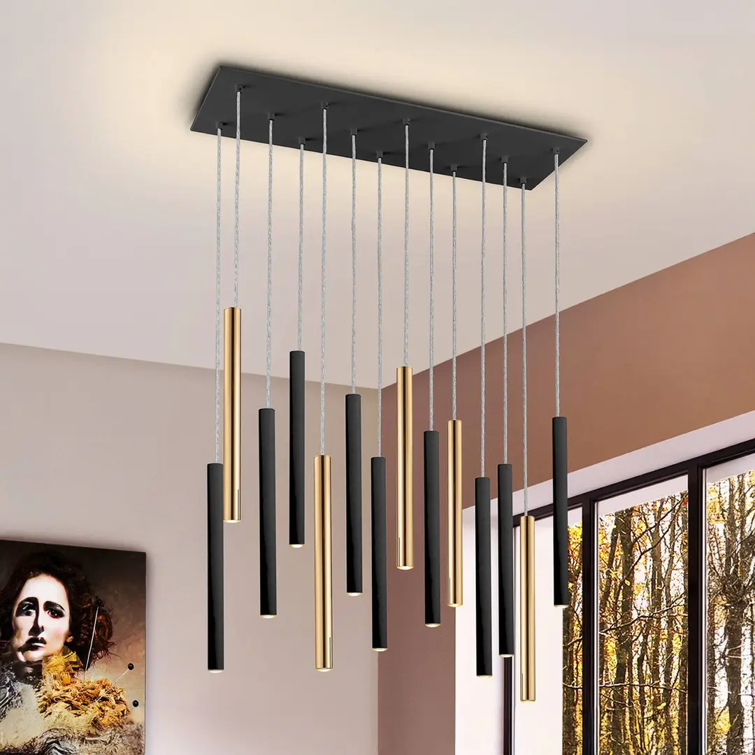 Schuller Valencia LED-Hängelampe Varas dimmbar, 14-flg., gold/schwarz, Metall