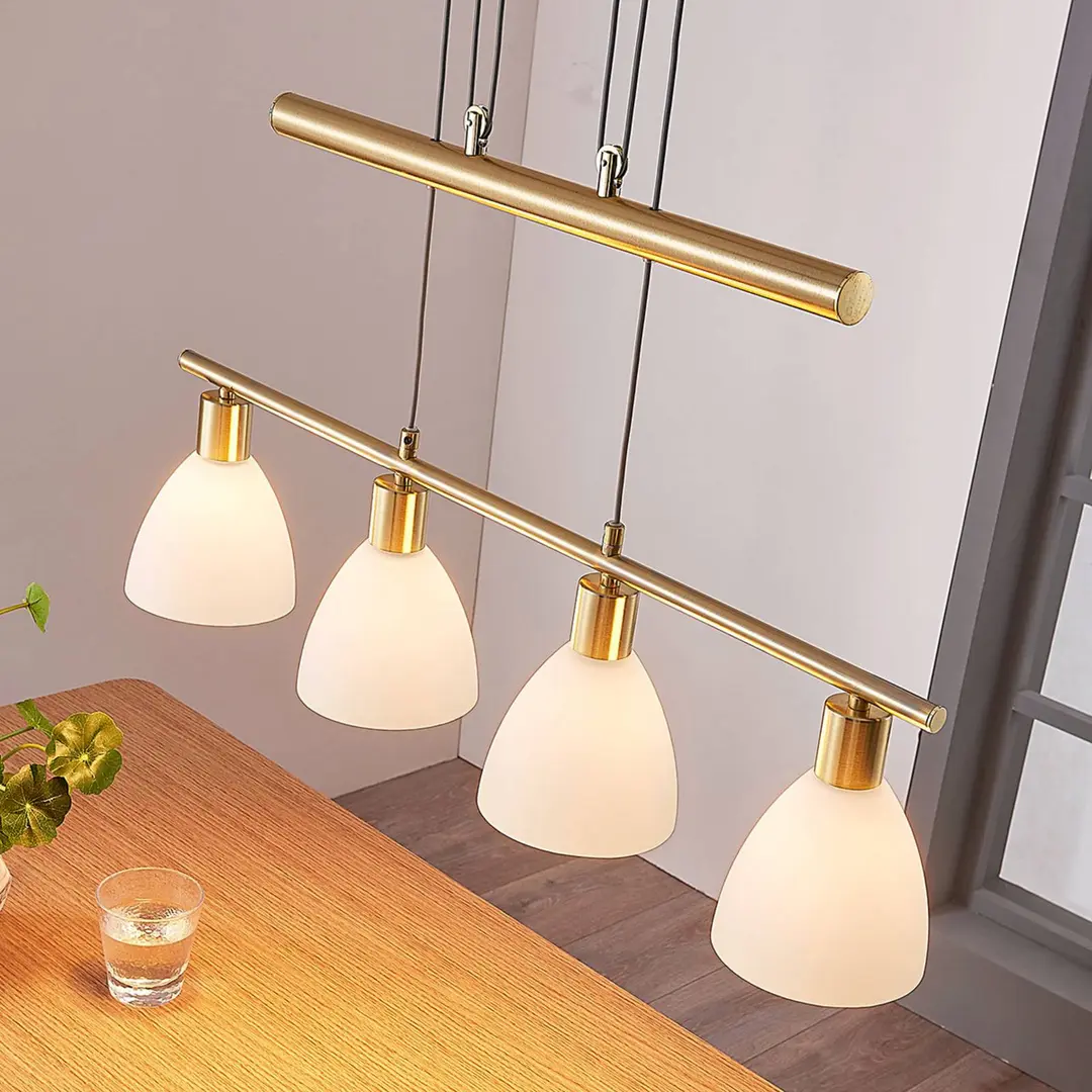 Lindby Hängelampe Simeon, messingfarben, Glas, 73 cm, E14