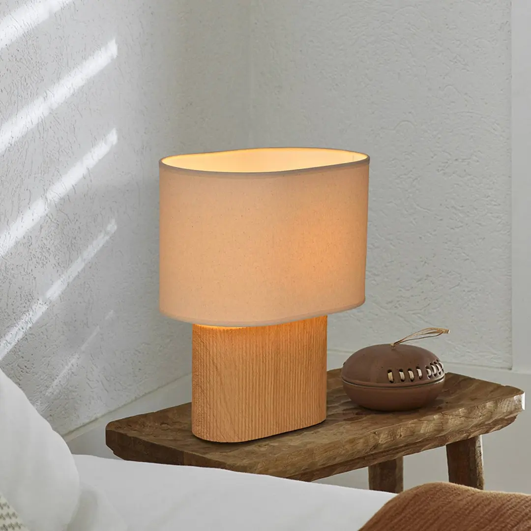 COREP Tischlampe Santorini, holz hell/beige, 38 cm, Leinen/Keramik