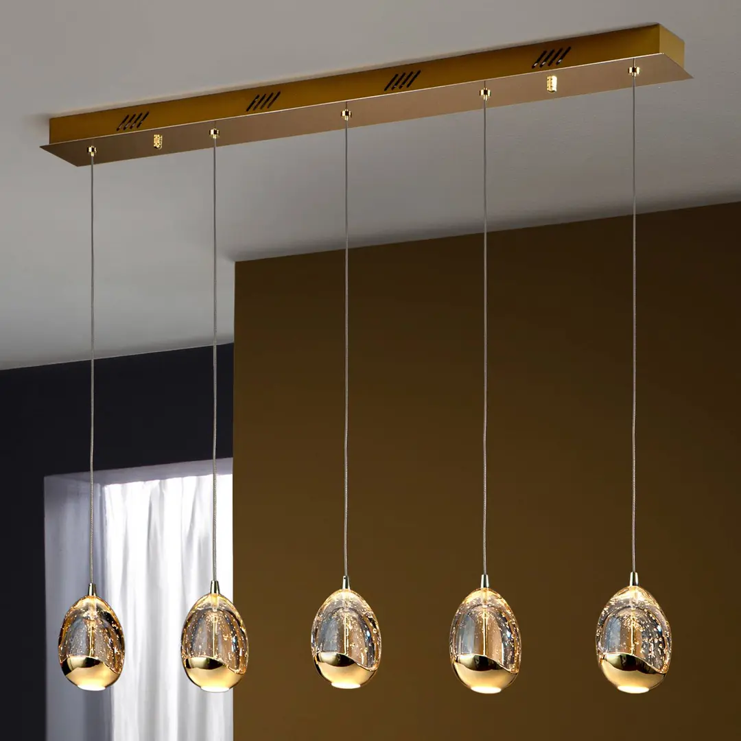 Schuller Valencia LED-Balkenpendelleuchte Rocio, 5flg., Metall, Glas, gold
