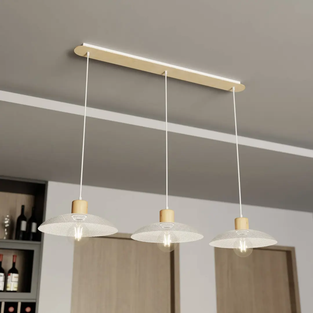 EMIBIG LIGHTING Hängeleuchte Kobe, dreiflammig, Stahl, Holz, weiß