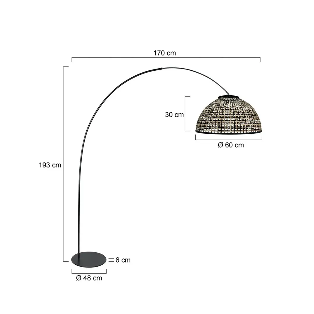 Anne Light Bogenleuchte Curve, schwarz, Schirm Bambusgeflecht Ø 60 cm