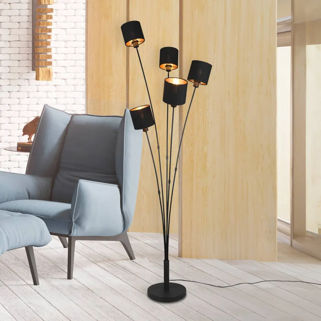 Reality Leuchten Stehlampe Tommy, schwarz/gold, Höhe 163 cm, 5-flg. Stoff