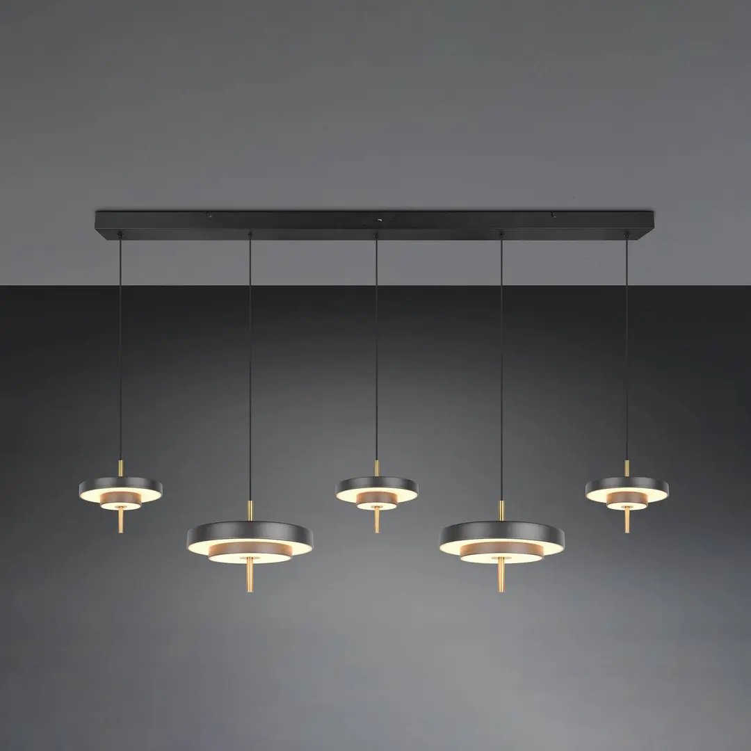 Trio Lighting LED-Hängelampe Keaton, schwarz/goldfarben 140 cm CCT, 5-flg.