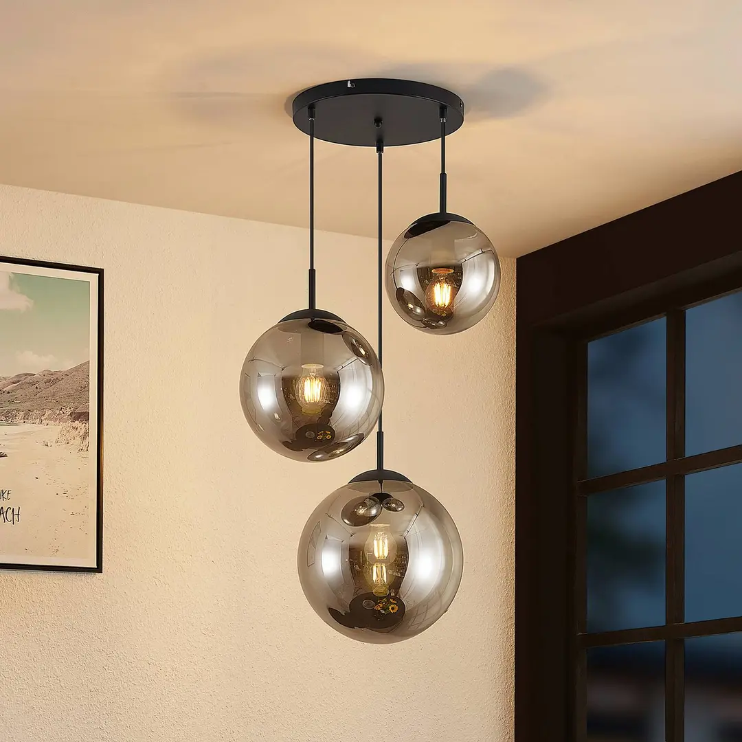 Lindby Hängeleuchte Teeja, rauch, 3-flg., Ø52cm, Glas, E27