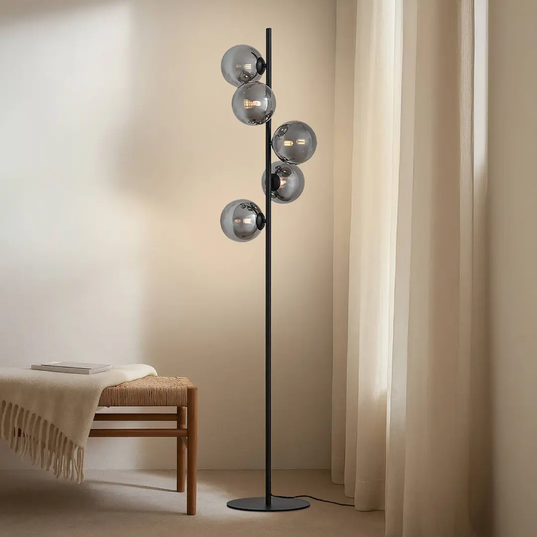 Lindby Stehleuchte Orbelia, schwarz, 5-flammig, Glas