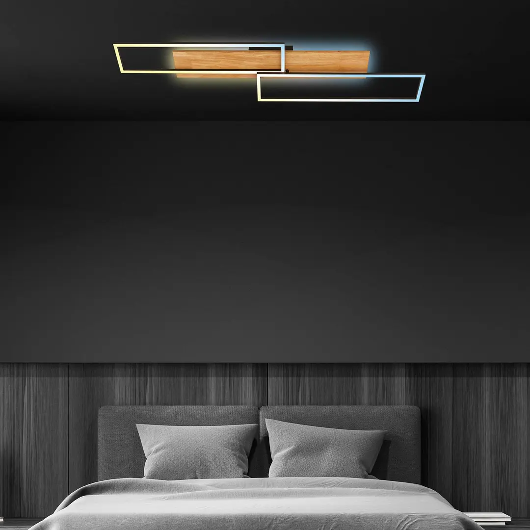 Briloner LED-Deckenleuchte Cornice, 110x25 cm, Holz, Fernbedienung