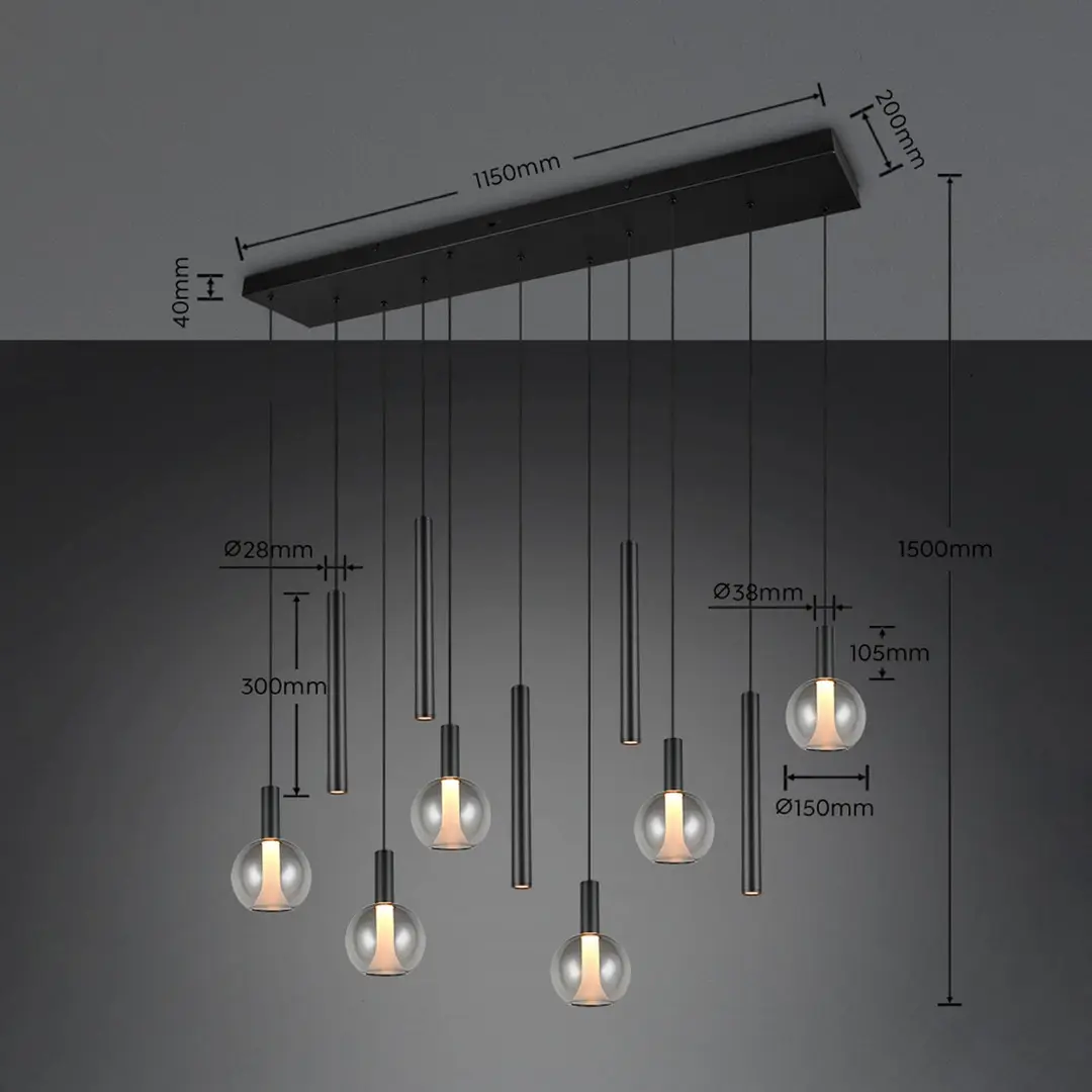 Trio Lighting LED-Hängelampe Melaro Länge 120cm schwarz Metall/Glas 11-flg