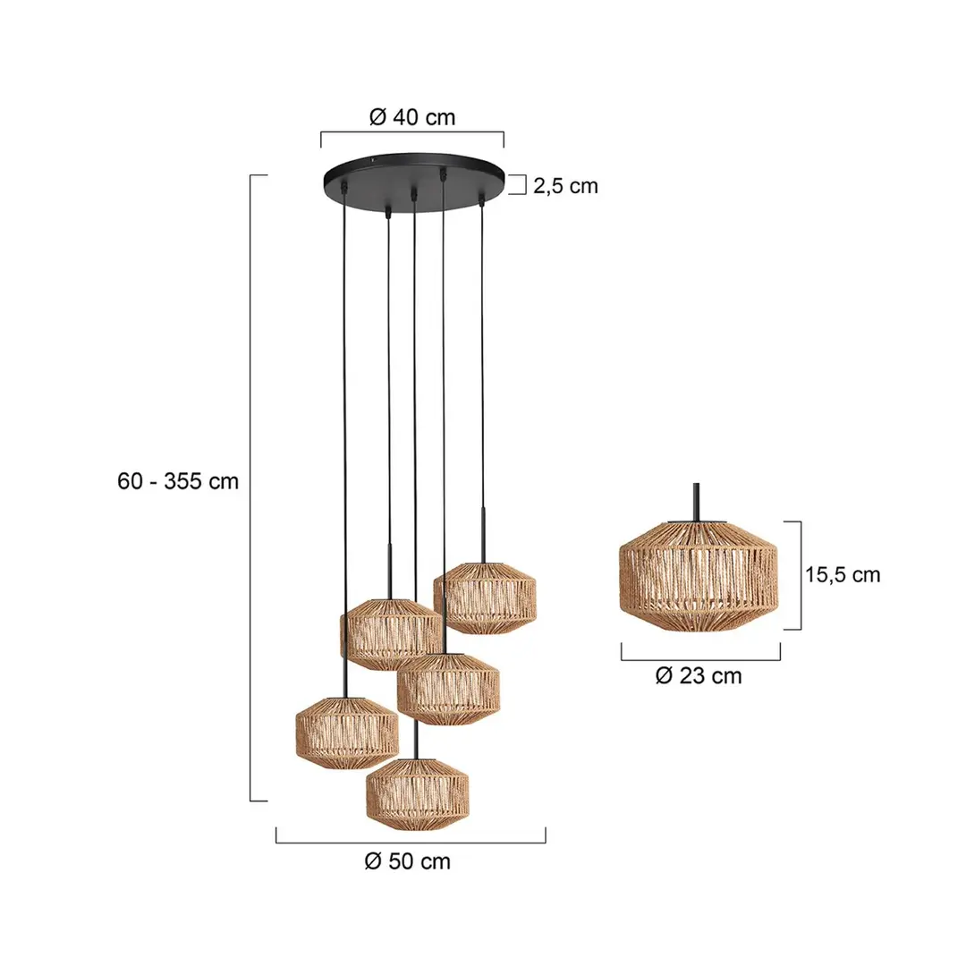 Anne Light Hängeleuchte Ropex 4525, 5fl. rund, schwarz, Seil braun