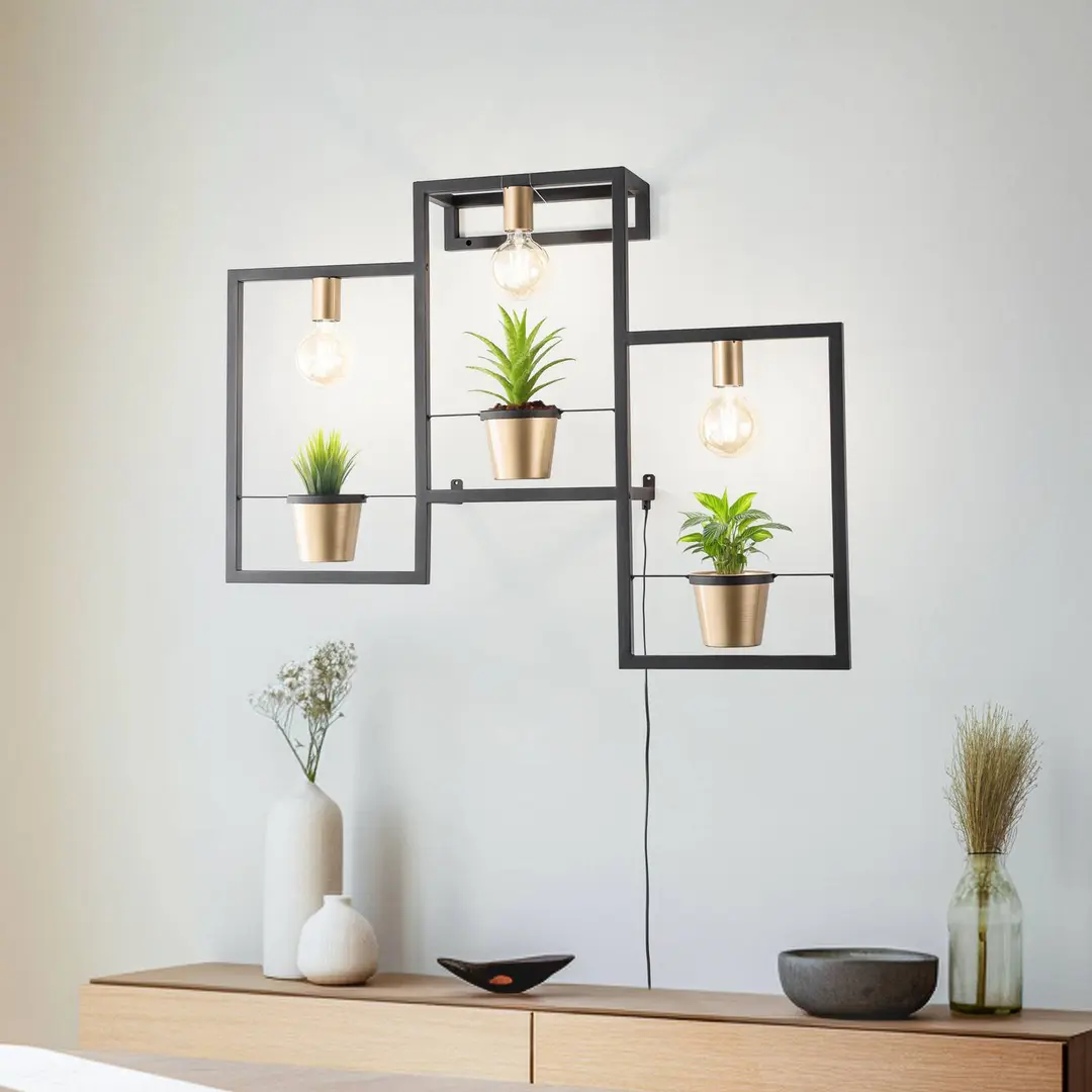 Luminex Wandleuchte Flores, 3-flammig, schwarz/gold, mit Stecker