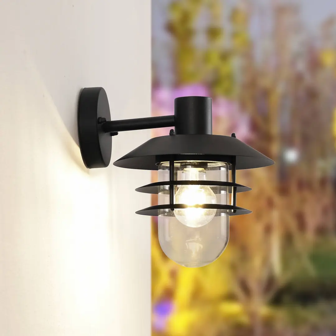 Lindby Außenwandleuchte Meliora, schwarz, Eisen, IP44, E27