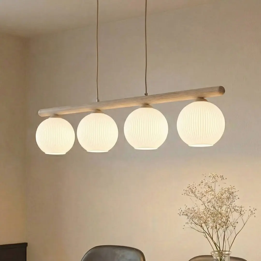 TK Lighting Hängeleuchte Virlo, 4-flammig, Holz, Opalglas, Länge 95 cm