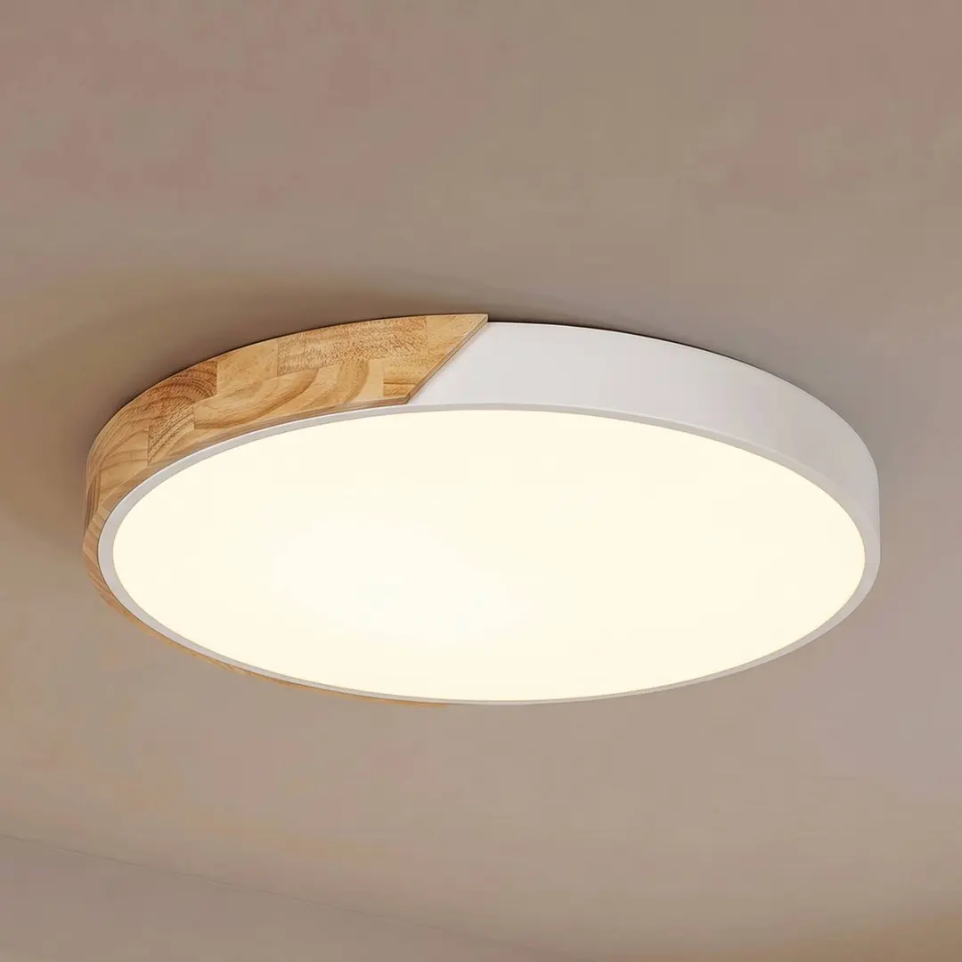 Prios LED-Deckenleuchte Lynorri, Ø 52 cm, weiß, Holzdekor