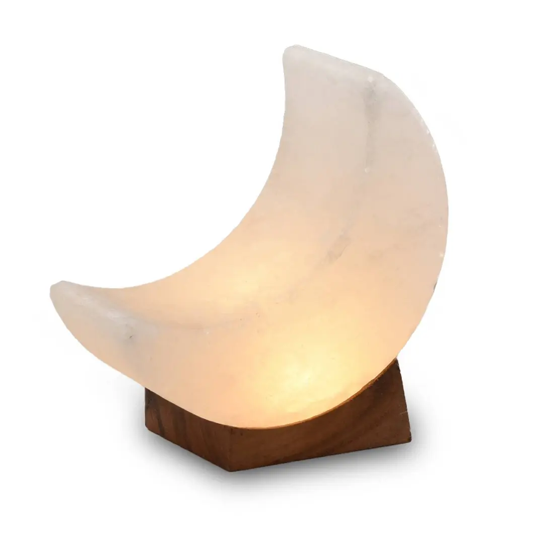 Wagner Life Salzkristallleuchte Mond white line USB, Holzsockel, weiß
