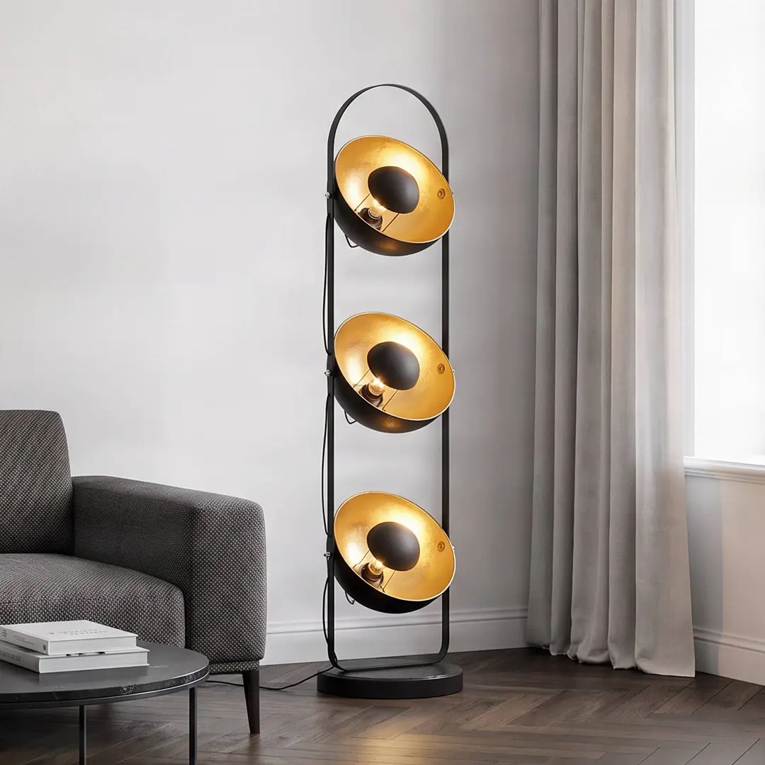 Lindby Stehleuchte Muriel, 3-flg., schwarz/gold, Metall