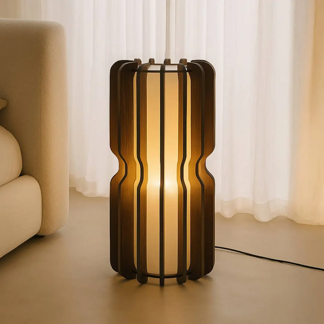 Lucande Stehleuchte Juneta, 75 cm, braun, Holz, Textil