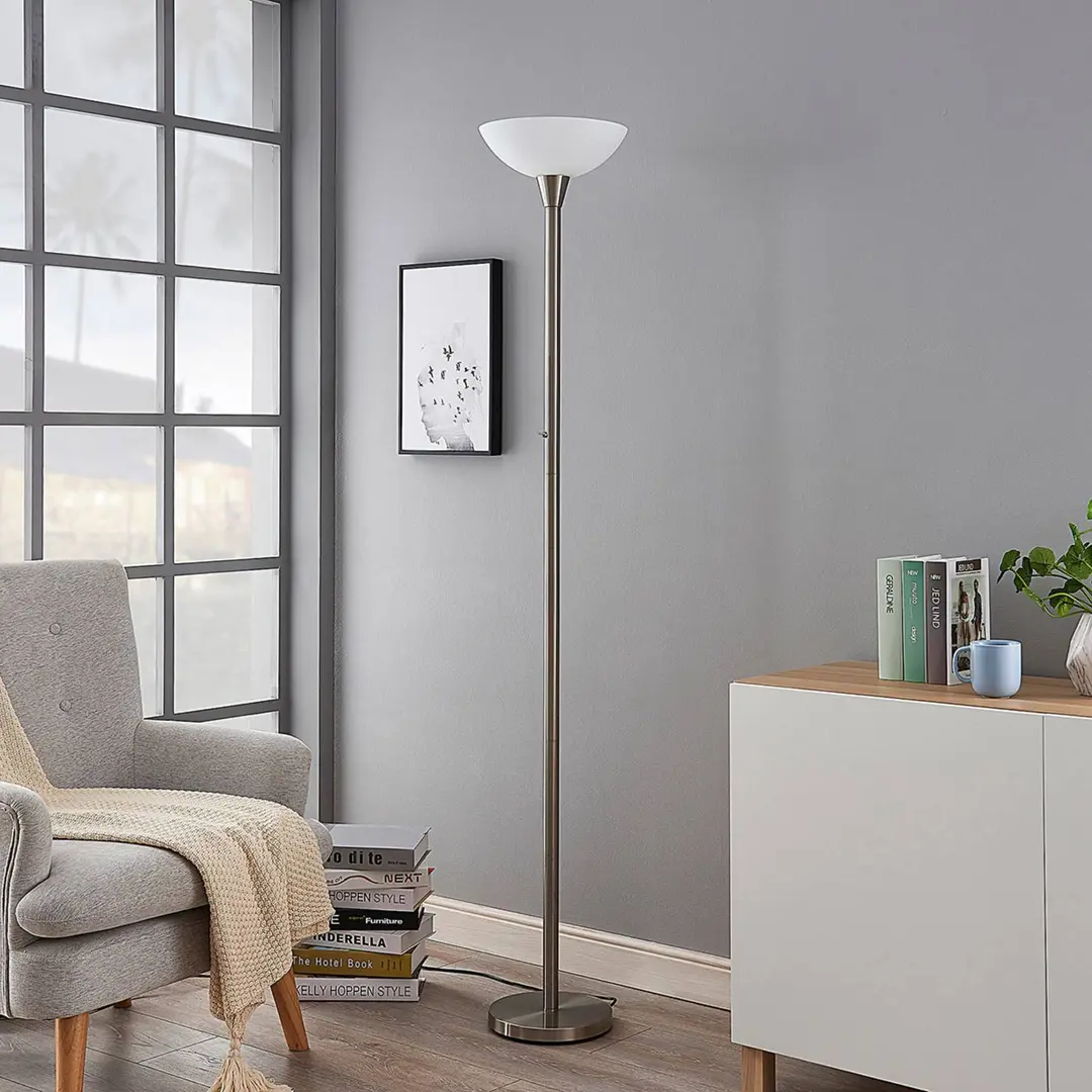 Lindby Stehlampe Ignacia, nickelfarben, Glas, 180 cm, E27