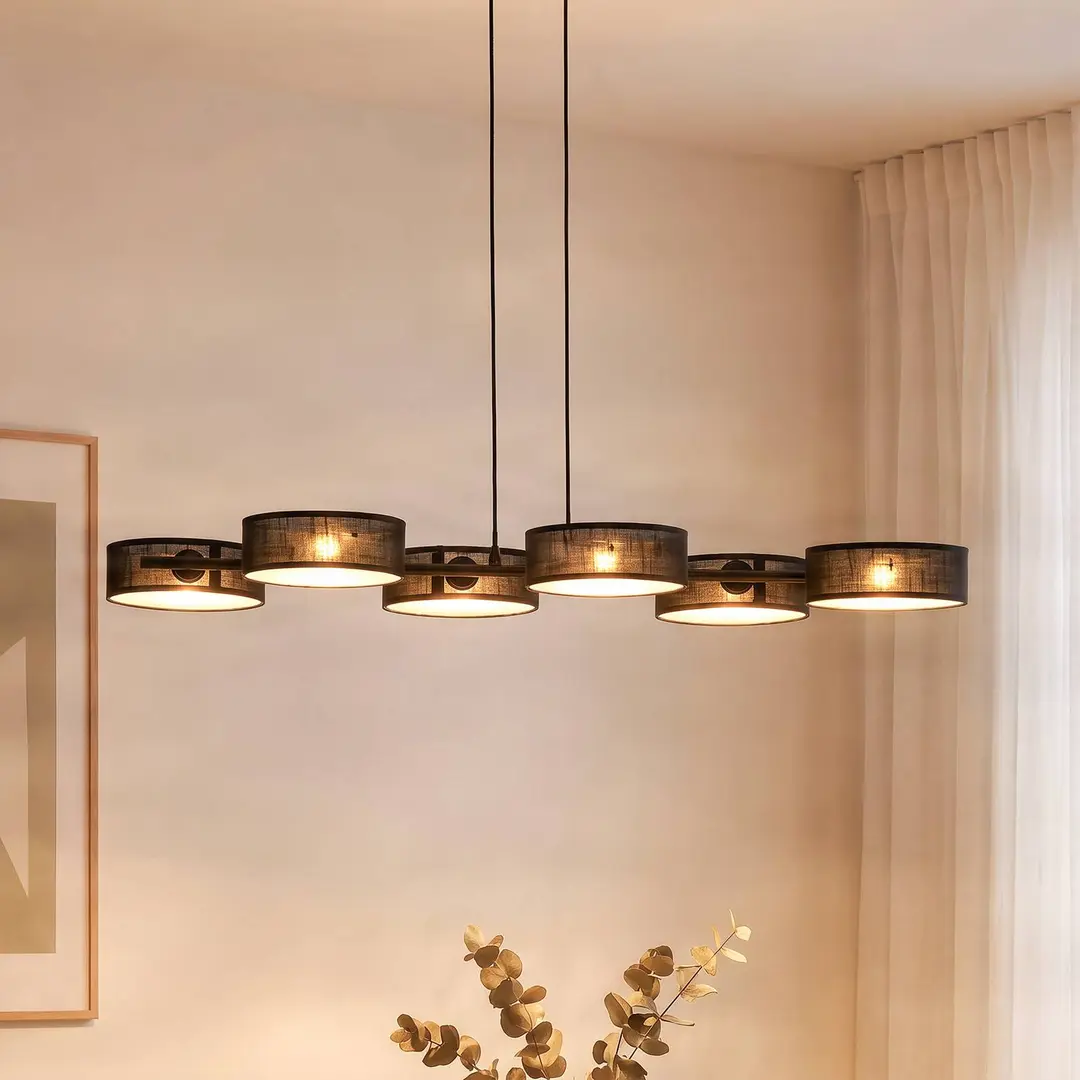 EMIBIG LIGHTING Hängelampe DRUMZ, schwarz, Länge 100 cm, 6-flg., Textil, E14