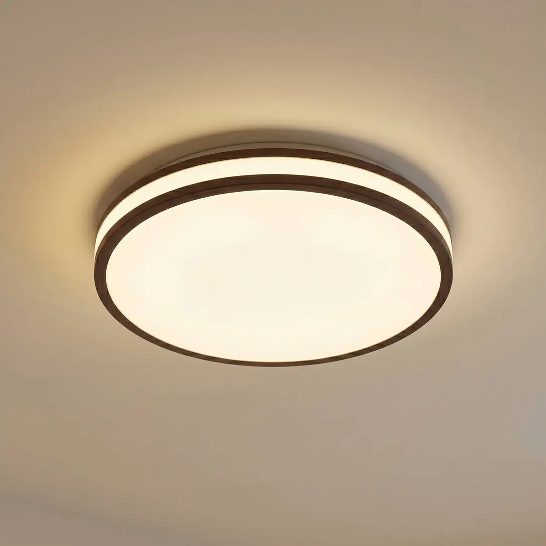 Lindby LED-Deckenleuchte Emiva, Ø 40 cm, Holz dunkel, CCT
