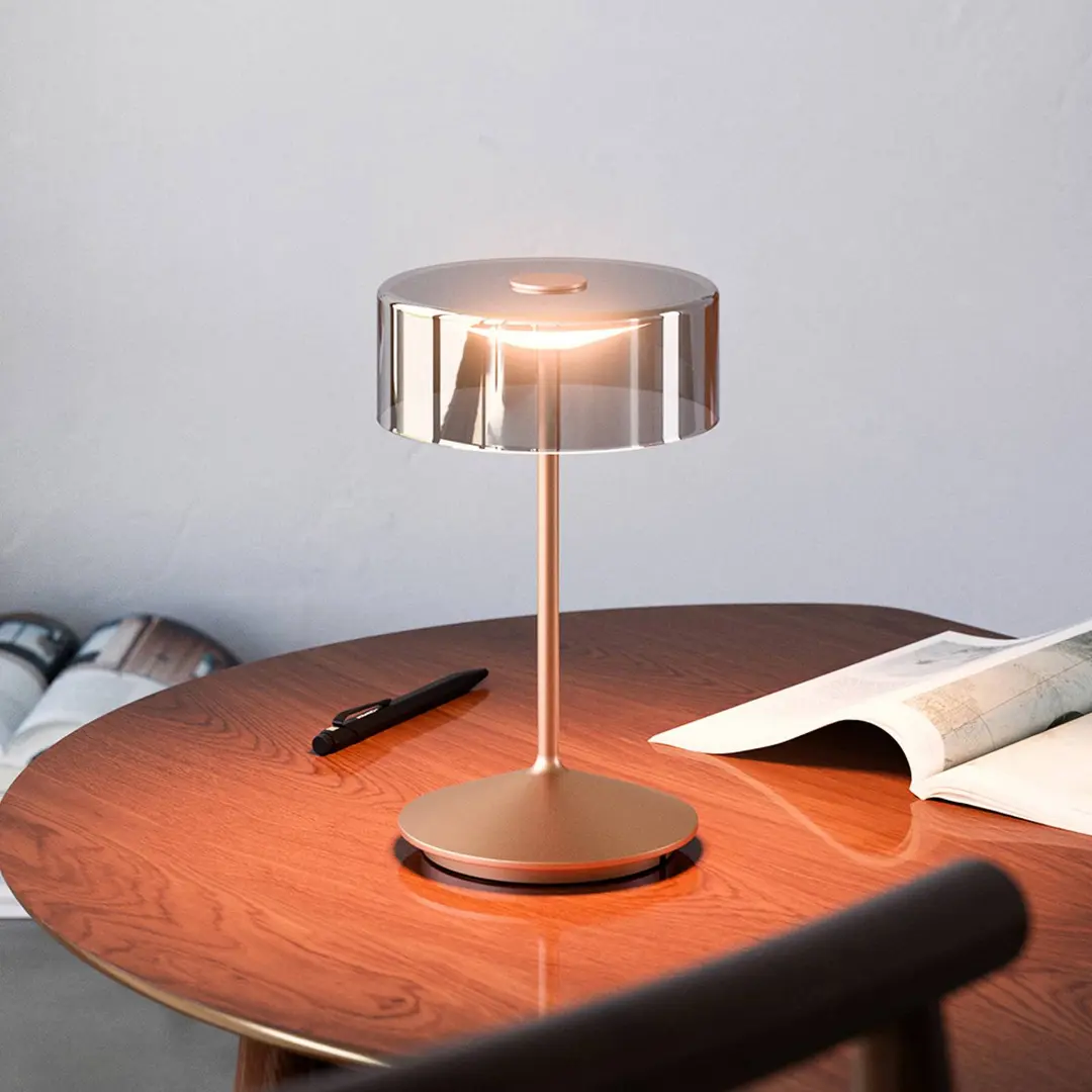 Sigor LED-Akkutischleuchte Numotion, bronze, Glas, IP54, dimmbar