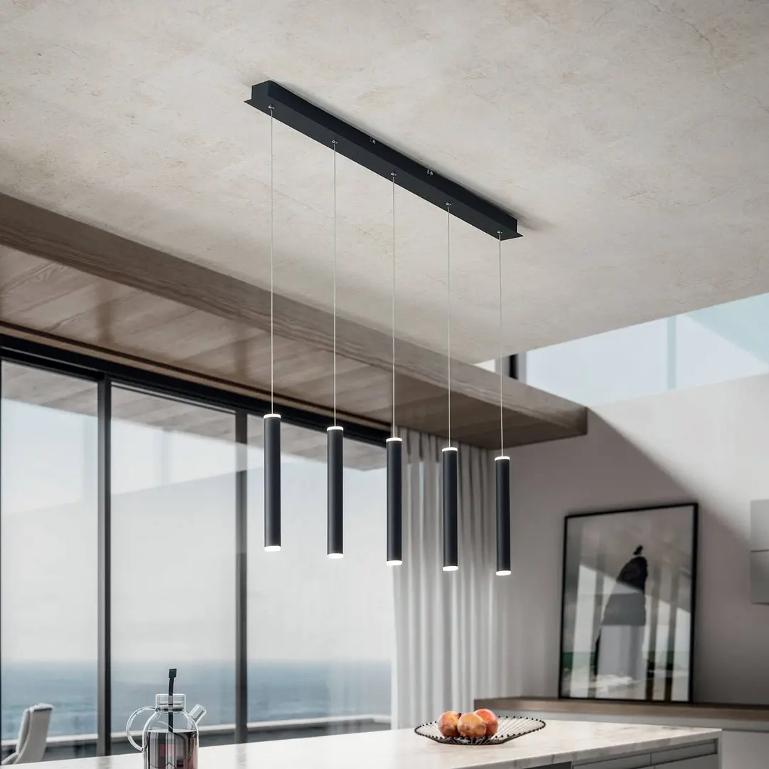 Fabas Luce LED-Hängeleuchte Prado, schwarz, 5-flammig, linear, dimmbar