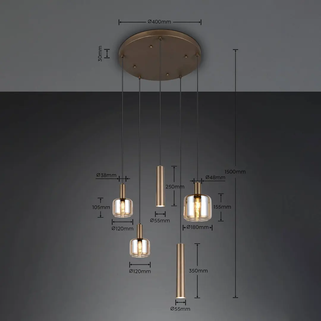 Trio Lighting Hängelampe Mataro, beigefarben, Ø 55 cm 5-flg. Glas/Metall