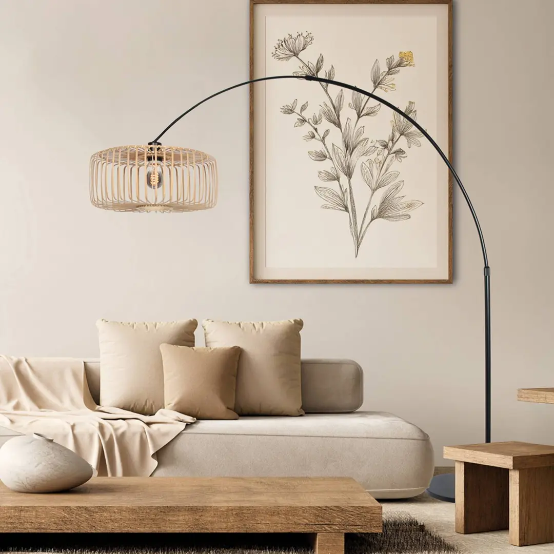 Steinhauer Bogen-Stehleuchte Sparkled Light schwarz/Bambus natur 240 cm