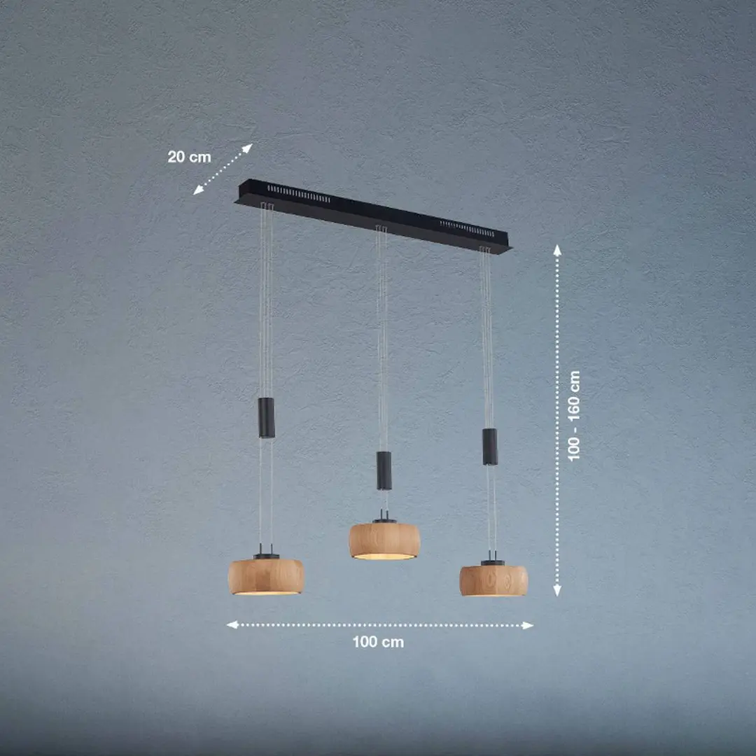 FISCHER & HONSEL LED-Hängelampe Shine-Wood, Eiche/schwarz Länge 100 cm 3-flg.