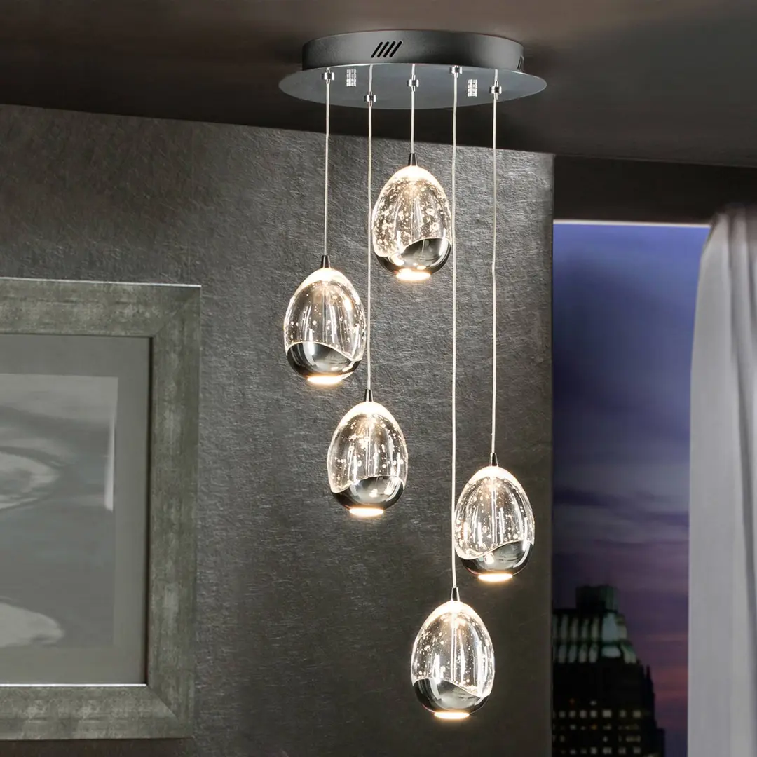 Schuller Valencia LED-Hängeleuchte Rocio, 5fl., rund, Metall, Glas, chrom