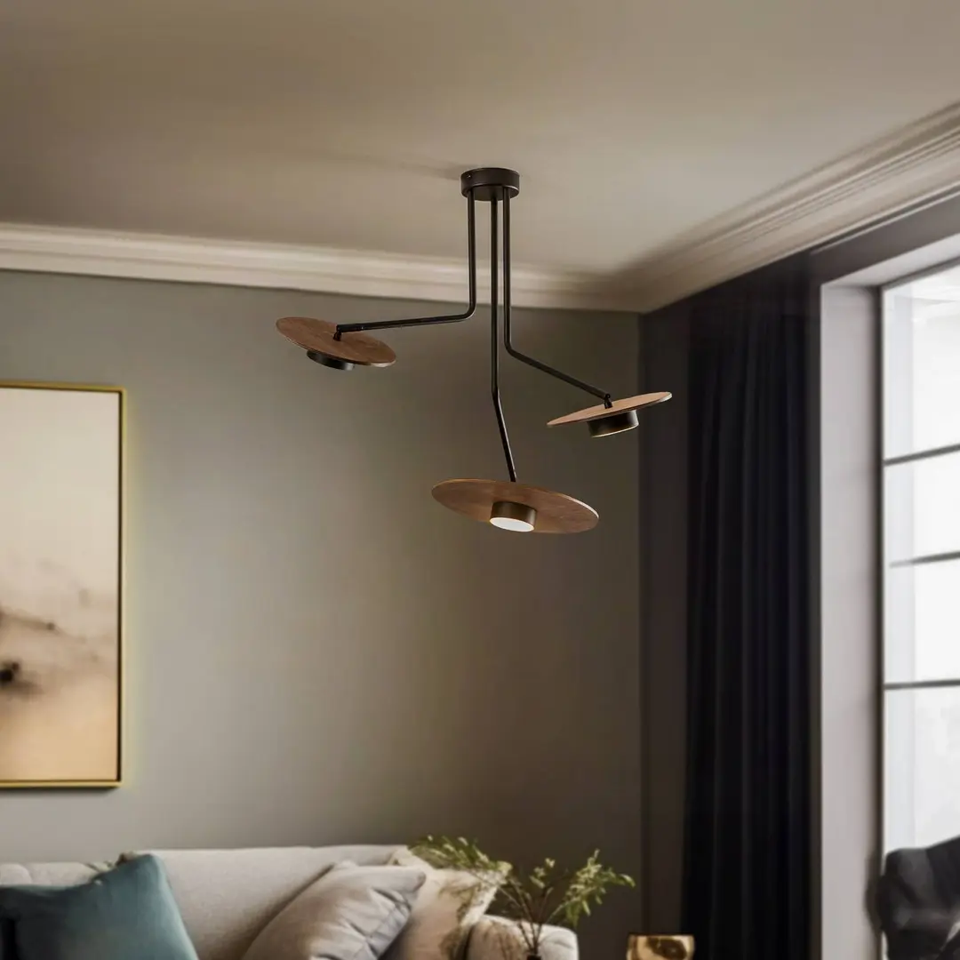 Nowodvorski Lighting Deckenleuchte Disk mit Holzelementen, dreiflammig