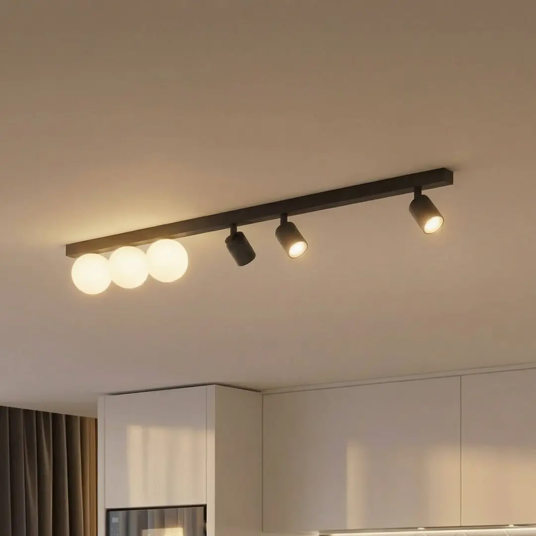 TK Lighting Deckenleuchte Vox, 6-flammig, Glas, schwarz, Länge 159 cm