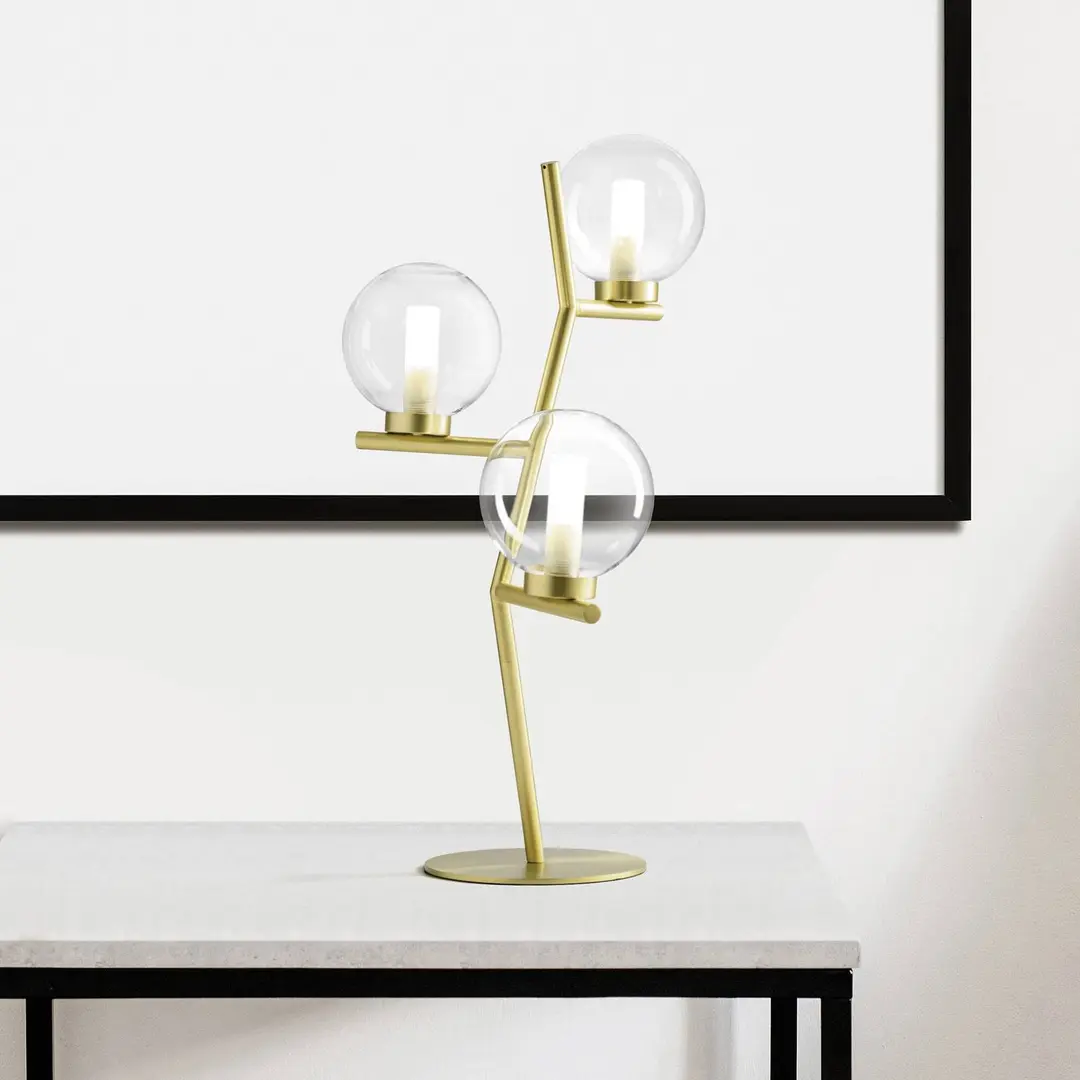 miloox by Sforzin Tischleuchte Camely, 3-flammig, gold gebürstet/klar, Glas