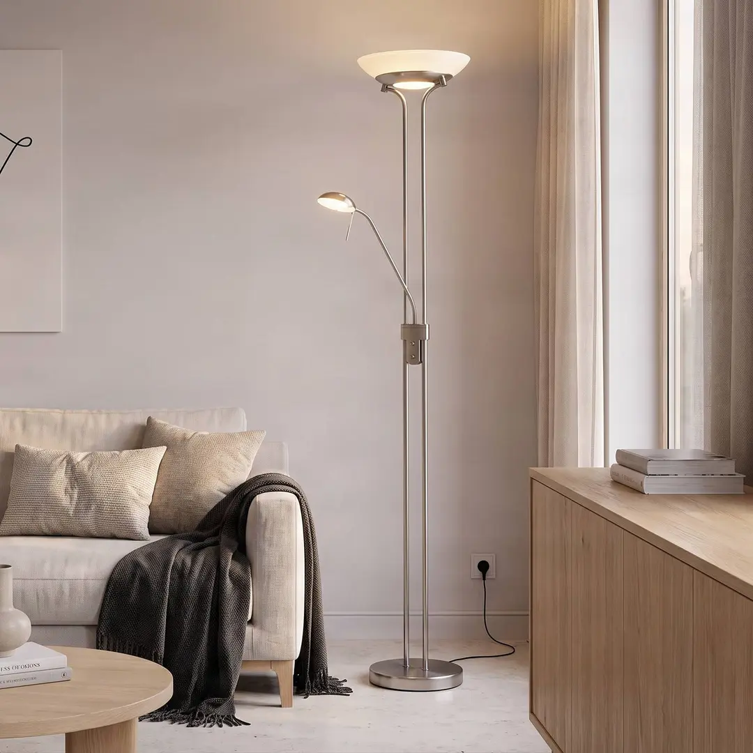 Lindby LED-Stehlampe Yveta, nickelfarben, Leselampe, dimmbar